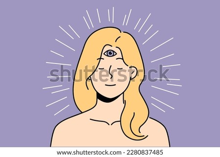 Calm woman with third eye on forehead use intuition for decision making. Girl psychic think with mind and heart. Spirituality and esotericism. Vector illustration. 