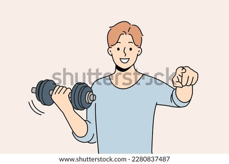 Smiling man with dumbbell in hands point at screen motivated viewer to workout. Happy sportsman exercise with equipment. Sport and training. Vector illustration. 
