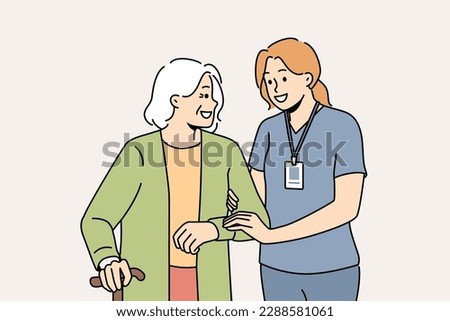 Smiling female caregiver help mature woman with walking. Happy nurse in uniform assist elderly grandmother with walking stick. Vector illustration. 
