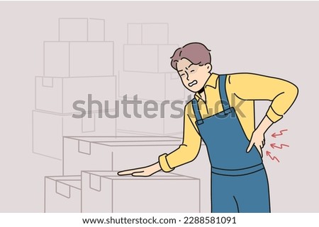 Sick man in uniform suffer from backache working in warehouse with boxes. Unhealthy male worker struggle with back pain. Vector illustration. 