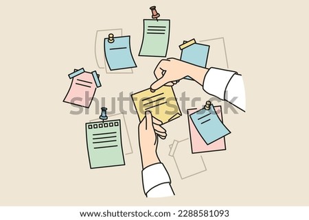 Closeup of person attach sticky notes with pins to board in office. Employee organize work plans using stickers on corkboard. Vector illustration. 