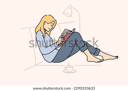 Happy woman sit on couch at home read book drink hot tea. Calm girl relax on sofa enjoy reading and coffee. Weekend relaxation. Vector illustration. 