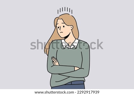 Unhappy woman look in distance thinking and brainstorming. Distressed girl feel upset and frustrated frowning and worrying. Vector illustration. 
