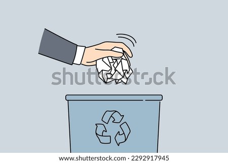 Man hand put paper in trash bin. Closeup of male throw crumpled paperwork in garbage container. Concept of recycling and waste sorting. Vector illustration. 