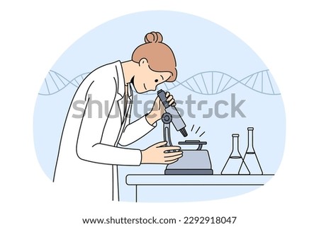 Chemistry Science and research concept. Smiling woman chemist in white uniform standing looking at microscope with flasks for tests in laboratory vector illustration