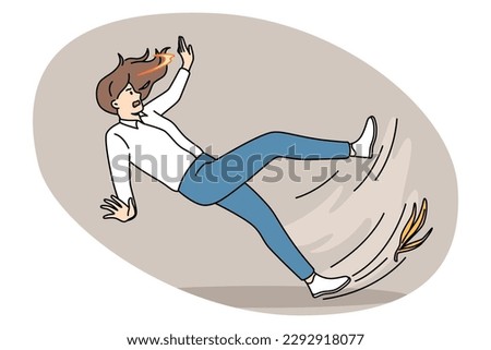 Accident and slippery floor concept. Frustrated stressed woman falling down with banana shelf at her foot suddenly falling vector illustration