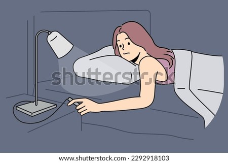 Woman lying in bed turn off lamp on table. Girl relax ready to sleep in home bedroom switch lights. Vector illustration. 