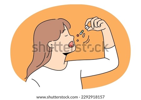Healthcare and taking drugs vitamins concept. Portrait of young lady taking some pills or vitamins for feeling healthy and positive vector illustration