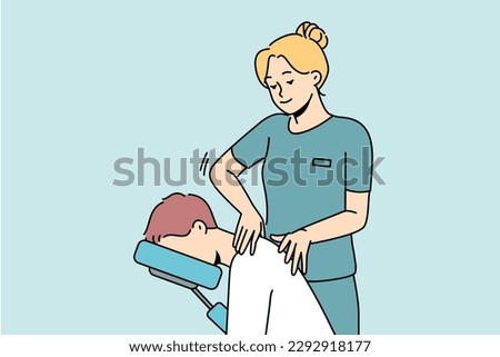 Female masseuse help patient with backache in clinic. Physiotherapist massage client in hospital. Healthcare and physiotherapy. Vector illustration. 