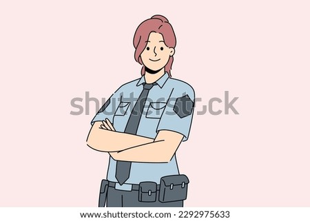 Smiling female police officer in uniform standing with arms crossed. Happy woman guard feeling confident show power and strength. Vector illustration. 