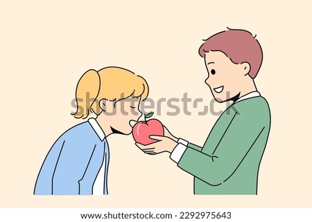 Smiling little children share fresh apple. Happy boy give bite delicious fruit with girl kid. Childhood and friendship. Vector illustration. 