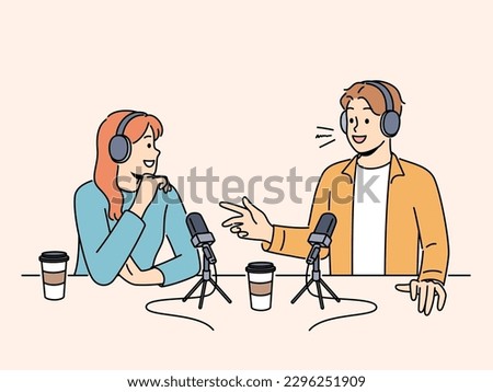 Smiling people in headsets talking in microphones at live radio broadcast. Happy host interview guest recording podcast in studio. Vector illustration. 