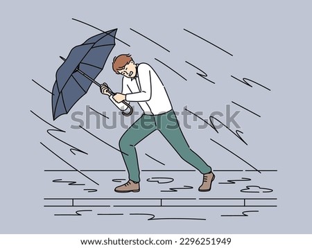 Decisive businessman with umbrella walk against storm and rain. Motivated male employee protect himself from business problems and heavy tasks. Vector illustration. 