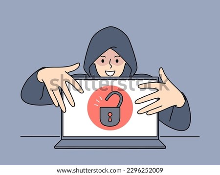 Hacker in hood touching open laptop with padlock symbol on screen steal secure information. Concept of cybersecurity and password and data leakage. Vector illustration. 