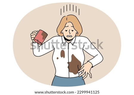 Distressed businesswoman spill coffee on blouse. Unhappy woman douse herself with drink. Clumsy careless female accident at workplace. Vector illustration, cartoon character.