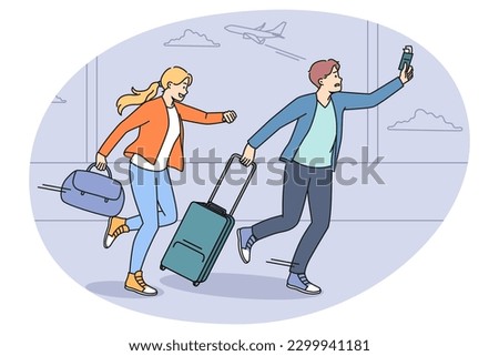 Worried couple tourists run in hurry for plane in airport. Man and woman travelers in rush not to miss flight going to vacation or trip. Travel and tourism concept. Vector illustration.