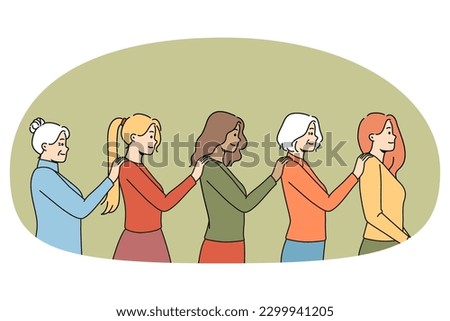 Diverse women in line holding each other with shoulders showing support and unity. Young and old female generations fighting for rights. Feminism and solidarity. Vector illustration.