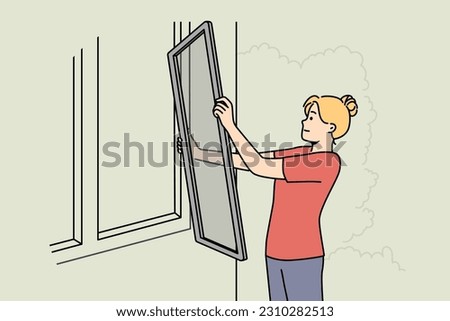Woman install fly screen on house window. Female put plastic mesh insect screen panel on building. Vector illustration. 