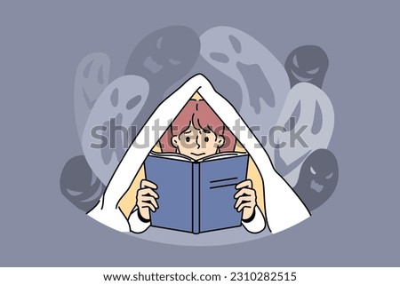 Scared little girl hive under blanket reading scary story. Terrified small child feel afraid with eerie horror book. Leisure and hobby. Vector illustration. 