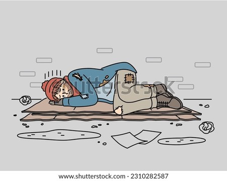 Unhappy homeless man sleeping on street suffer from poverty and hunger. Upset poor male feel despair of dirty city street. Homelessness concept. Vector illustration. 