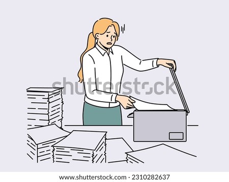 Overwhelmed female employee have problems making copies at copymachine in office. Stressed woman worker duplicate paperwork in copy machine. Vector illustration. 