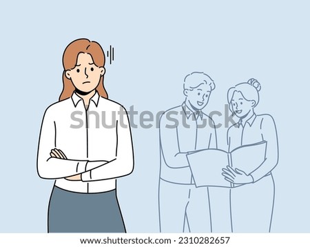 Unhappy female employee worry about colleagues talking in background. Upset angry woman worker bothered with coworkers engaged in teamwork. Vector illustration. 