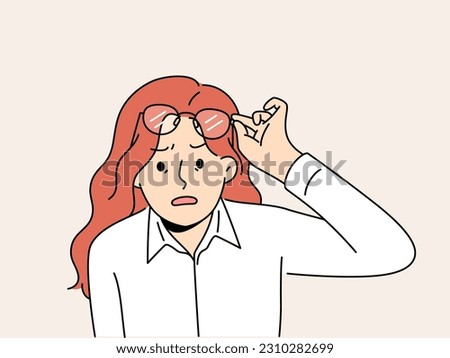 Shocked woman take off glasses astonished with news or message. Surprised female amazed with unbelievable notification. Vector illustration. 