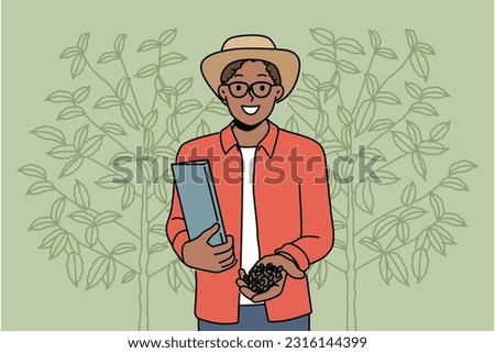 Smiling African American man gathering cocoa beans in garden. Happy black male with coffee beans on plantation. Agriculture and harvest. Vector illustration. 