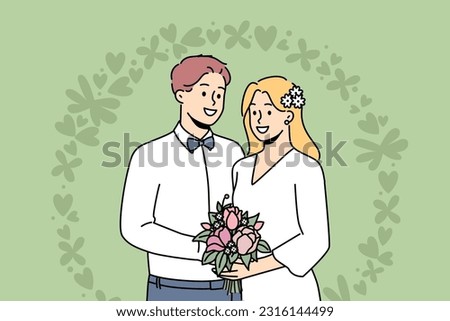 Smiling bride and groom standing near wedding floral arch during ceremony. Happy couple enjoy marriage celebration. Vector illustration. 