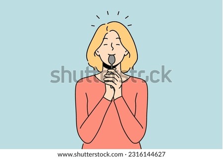 Smiling girl licking spoon after tasty food or dessert. Happy woman with cutlery after tasting or eating. Vector illustration. 