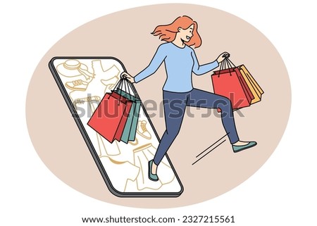 Excited young woman with bags shopping online on smartphone on seasonal sales. Smiling girl have fun buying on internet on cellphone. Consumerism. Vector illustration.