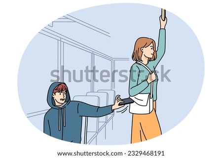 Male pickpocket stealing wallet from female passenger in bus or metro. Man thief take phone or money from woman bag in tram. Burglary and theft concept. Vector illustration.