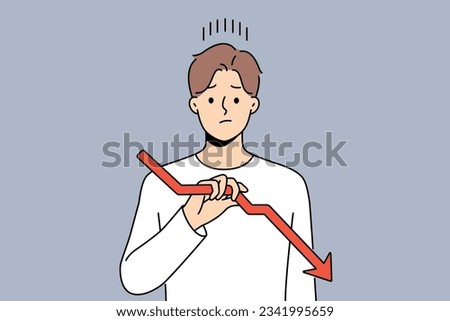 Sad man holds declining chart symbolizing beginning of crisis and financial recession affecting income. Upset guy with red down arrow reports decrease in number of clients or decrease in wages