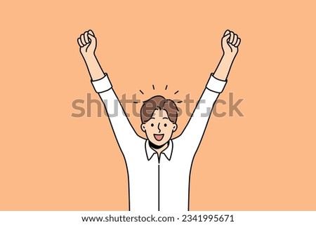 Delighted man celebrates victory by raising hands up and rejoicing in career achievements or end working day. Business man shouts with smile and is delighted with amazing news promising income growth