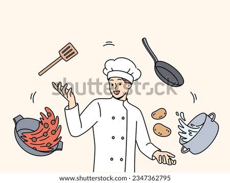 Man cook in white uniform and cap stands among flying pots and ingredients for cooking delicious soup. Professional guy cafe cook comes up with recipe for new dish for restaurant menu