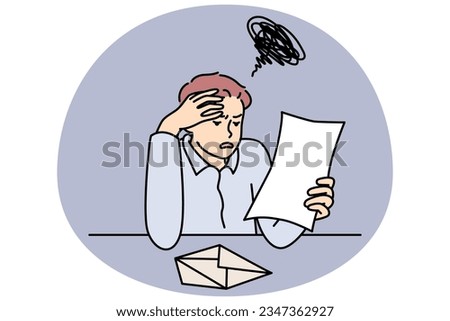 Unhappy man reading bad news in letter feel frustrated with massage. Upset guy distressed with notice or notification. Frustration and post mail. Vector illustration.