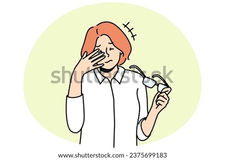 Unhealthy woman take off glasses suffer from migraine. Unwell female struggle with dizziness or blurry vision. Sight problem and healthcare. Vector illustration.