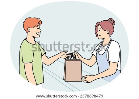 Smiling female cashier give cardboard bag to happy male customer in shop. Happy woman seller hand package to excited man client in store. Vector illustration.