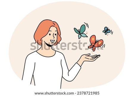 Smiling young woman with butterflies flying near hand. Happy female enjoy wild nature and outdoors. Vector illustration.