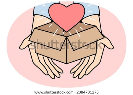 Closeup of person holding box with heart. Hands with parcel with love symbol inside share gratitude and care feeling grateful and thankful. Charity concept. Vector illustration.