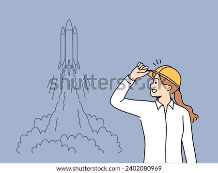 Woman engineer stands near taking off space rocket and watches successful takeoff of shuttle. Girl rejoices at launch of new spacecraft or rocket for research mission with astronauts landing on moon