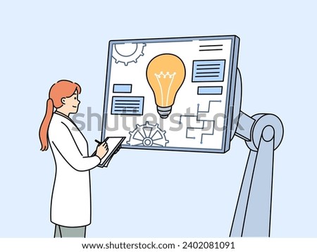 Woman industrial engineer is working on creation of robotics standing near monitor with gears and light bulb. Girl engineer is engaged in digitalization of production and implementation of robotics