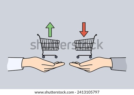 Traders hands with consumer baskets and up or down arrows symbolize buying and selling bonds in stock market. Traders make profitable transactions to obtain investment profits from speculative actions