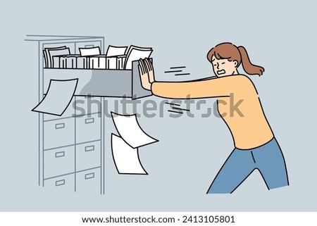 Woman closes overflowing filing cabinet, suffering from overabundance of paperwork and bureaucracy. Girl pushes safe with papers, for concept need for digitalization of data to get rid of bureaucracy