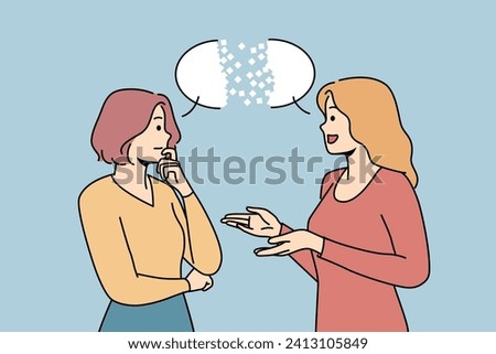 Dialogue between two women gossiping about life and sharing plans for future, standing near speech bubble. Focused woman listening to female friend during dialogue or monologue about personal goals
