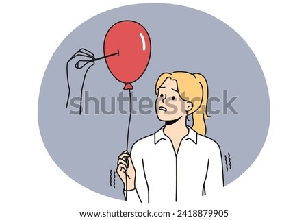 Huge hand pierce balloon with needle. Stressed female employee overwhelmed with work and burnout. Concept of dreams and illusion falling apart. Vector illustration.