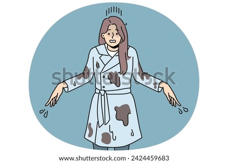 Stressed woman in dirt after fall in puddle. Unhappy distressed girl in dirty clothes suffer from falling in mud. Vector illustration.