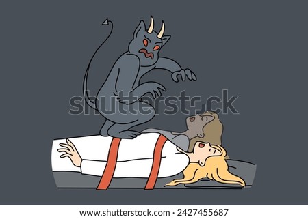 Evil monster steals soul of sleeping, bound woman who needs protection from fairytale devil. Nightmare of girl seeing attack by horned devil trying to take possession of soul of own victim