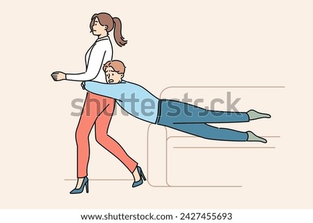 Guy is trying to hold back wife wants to get divorce or go to party on own, and grabs girl while sliding off sofa. Girl wants divorce after family quarrel and lack of courage in boyfriend