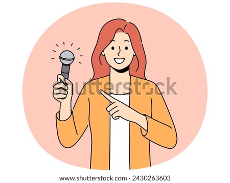 Smiling woman point at microphone holding in hands. Happy female singer or performer demonstrate mic in hands. Hobby and entertainment. Vector illustration.
